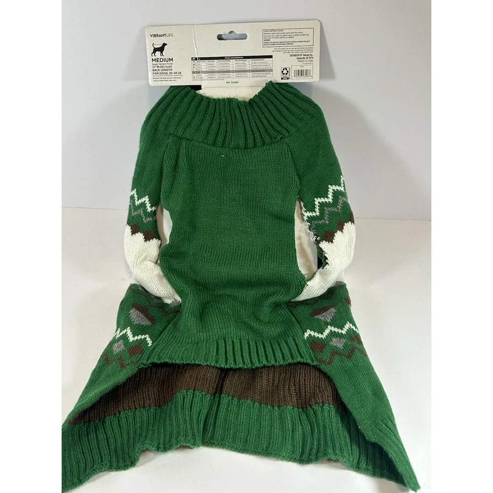 NEW Vibrant Life Pet Sweater Green w/ Squirrel Sz M 20-50 lbs Lab Shepard Boxer